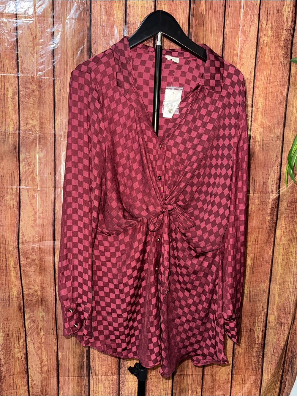 Cato Maroon Checker Tie-Front Blouse